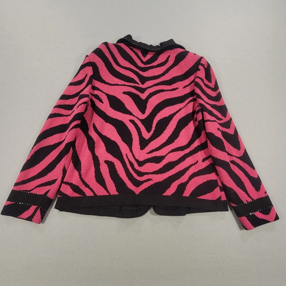 Toula Zebra Print Knit Blazer Jacket Ruffle Collar Embellished Buttons Womens 10